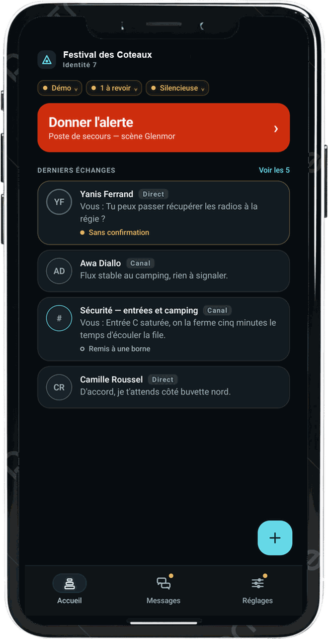 Écran d'accueil de l'application Bermud sur un téléphone : bouton d'alerte et derniers échanges.