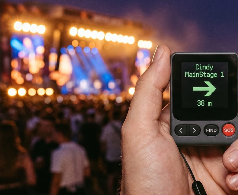 Badge Bermud tenu en main devant une scène de festival de nuit. Son écran affiche le prénom Cindy, la zone MainStage 1, une flèche vers la droite et la distance 38 m.