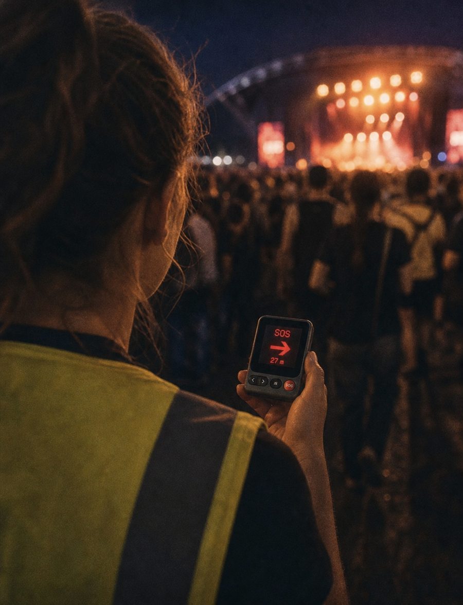 Vue par-dessus l'épaule d'une secouriste en gilet haute visibilité traversant une foule de nuit. Son badge affiche la mention SOS, une flèche et la distance 27 m en rouge.
